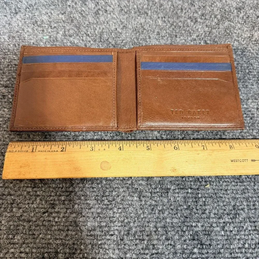 Ted Baker Wallet Mens Brown Leather Bifold Card Holder Blue Trim Logo Lining